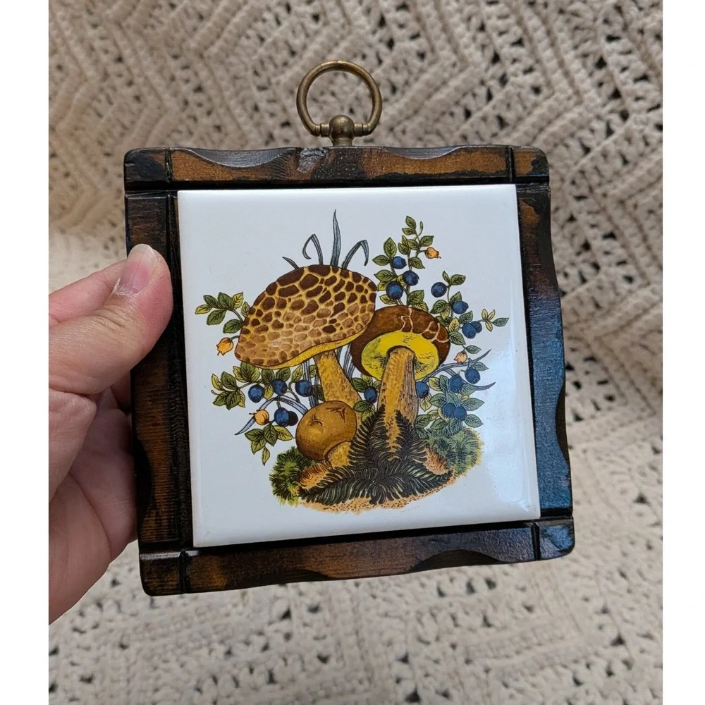 Vintage Jerry Schultz Mushroom Ceramic Tile Wood Framed Wall Hanging Cottagecore